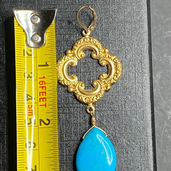 Gold Plated Turquoise Earrings Teardrop 3 inch 14/2 GF Boho Filigree - Picture 5 of 5